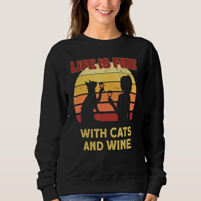 Livet är Bra med katter och Vin Cat Mamma T Shirt (Framsida)
