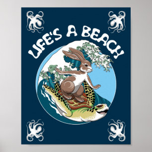 Livet är en persika - kanin och sköldpadda Surfing Poster