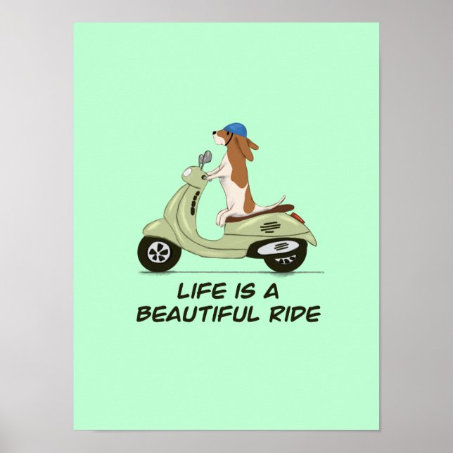 Livet är en vacker resa - Hund på Vespa - Grönt Poster (Framsidan)
