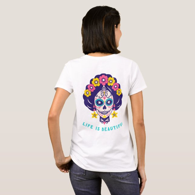 Livet är vackert Ljus Blommig Socker Skalle Flicka T Shirt (Hel baksida)