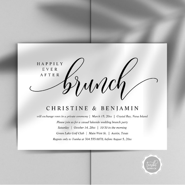 Livet Efter Bröllop Brunch Elopement, Modernt Manu Inbjudningar (Happily Ever After Brunch Party, Modern Script Invitation card, Printed and or digital download)