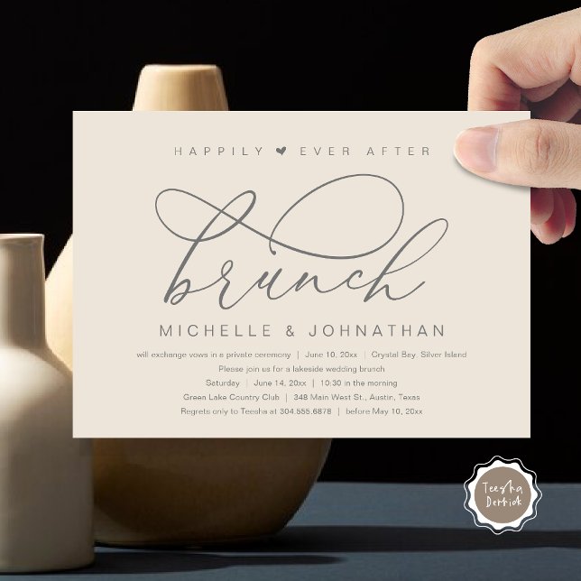 Livet Efter Bröllop Brunch, Modern Romantisk Fest Inbjudningar (Happily Ever After Brunch Party, Invitation Card, Modern Romantic Wedding Elopement, Dark Grey Cream)