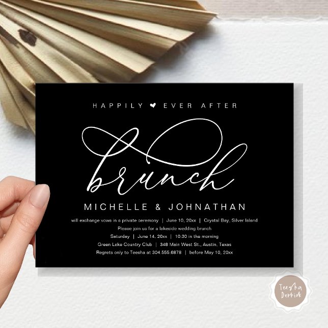 Livet Efter Bröllop Brunch, Modern Romantisk Fest Inbjudningar (Happily Ever After Brunch Party, Invitation Card, Modern Romantic Wedding Elopement, Classy Black)