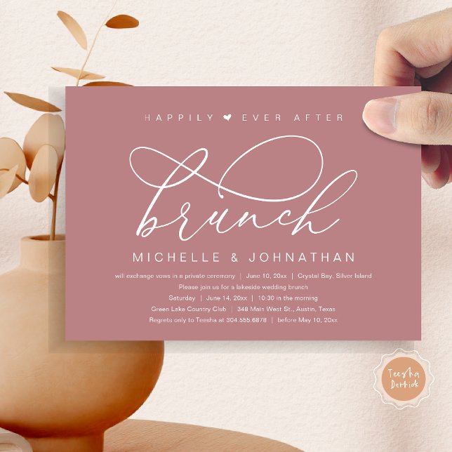 Livet Efter Bröllop Brunch, Modern Romantisk Fest Inbjudningar (Happily Ever After Brunch Party, Invitation Card, Modern Romantic Wedding Elopement, Dusty Rose Pink)