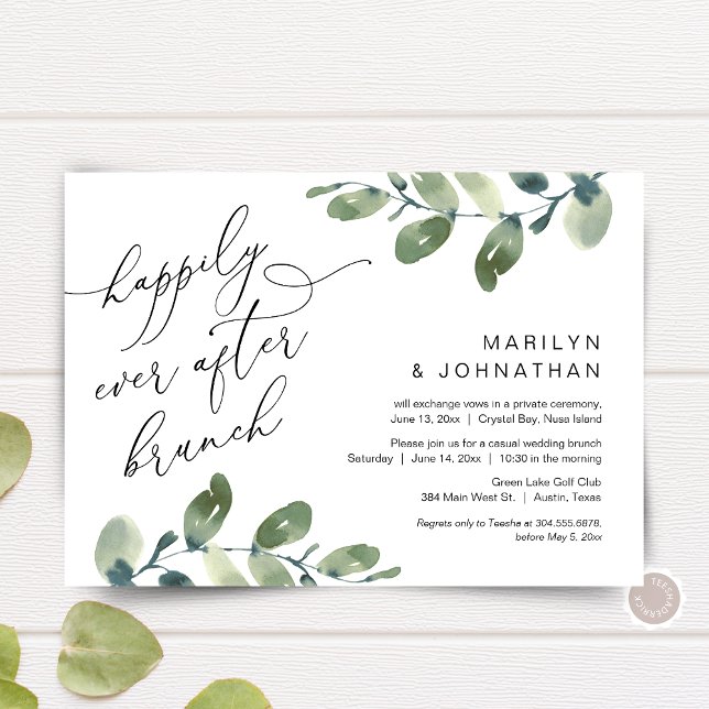 Livet Efter Bröllop Brunchfest Grönska Flyktbröllo Inbjudningar (Happily Ever After Brunch, Elopement Invitation Card, Greenery Eucalyptus Themed, Digital Down)