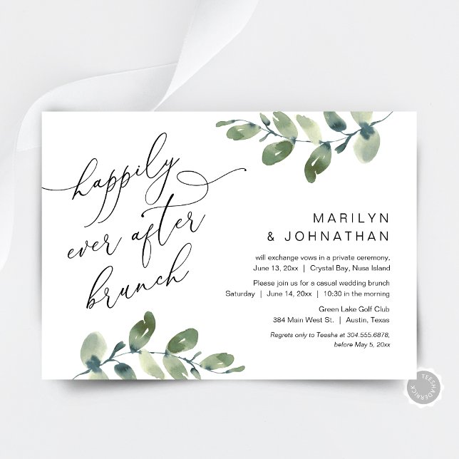 Livet Efter Bröllop Brunchfirande Grönska Flyktbrö Inbjudningar (Happily Ever After Party, Elopement Dinner Invitation Card, Greenery Eucalyptus, Digital Download)