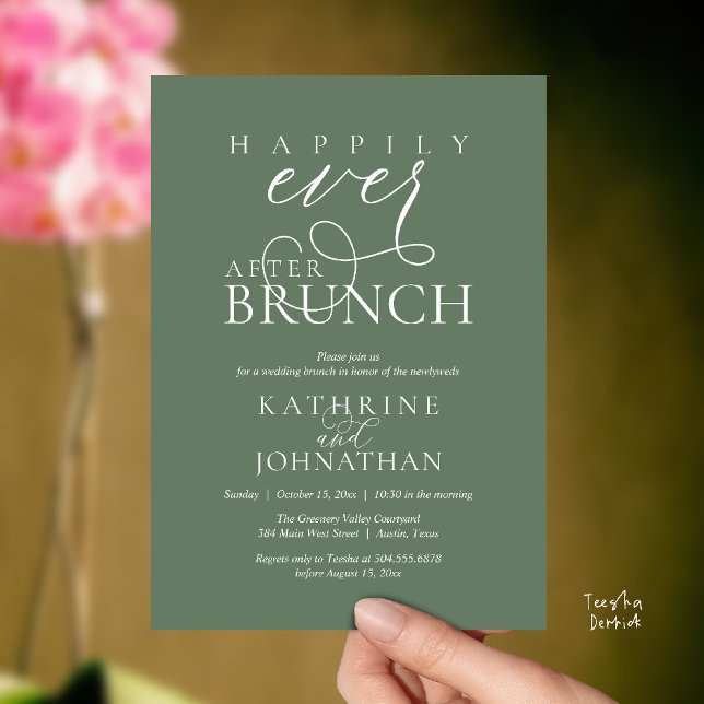 Livet Efter Bröllopet Brunch Inbjudningar (Happily Ever After Brunch Post Wedding Elopement Reception Invitation Card in Sage Green)