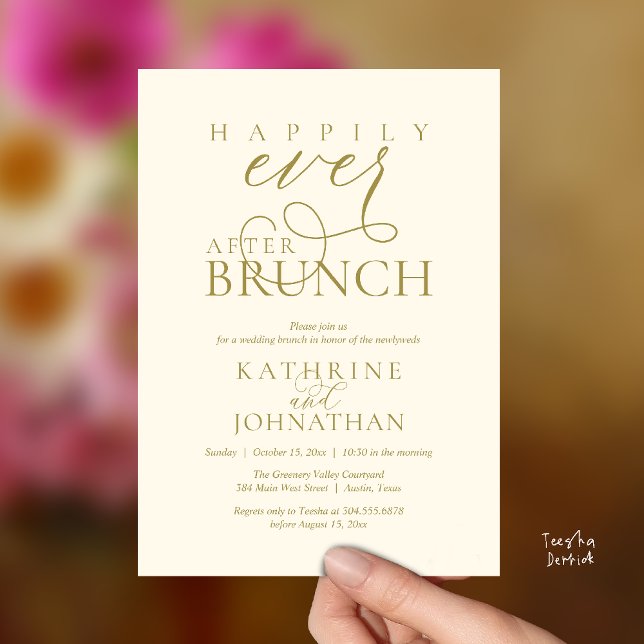 Livet Efter Bröllopet Brunch Inbjudningar (Happily Ever After Brunch Post Wedding Elopement Reception Invitation Card in Yellow Gold)