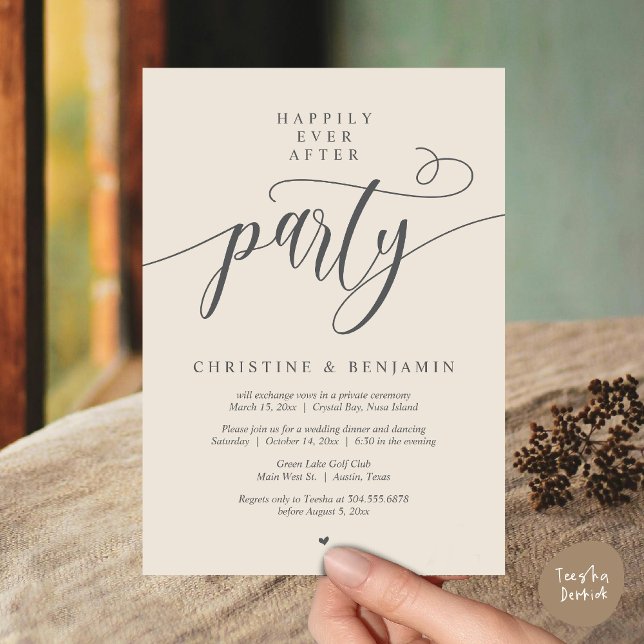 Livet Efter Bröllopet Fest, Modernt Manus Inbjudningar (Happily Ever After Dinner Party, Modern Script Wedding Reception Invitation Card, PDF, Cream Grey)