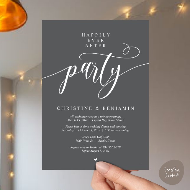 Livet Efter Bröllopet Fest, Modernt Manus Inbjudningar (Happily Ever After Dinner Party, Modern Script Wedding Reception Invitation Card, PDF, Dark Grey)
