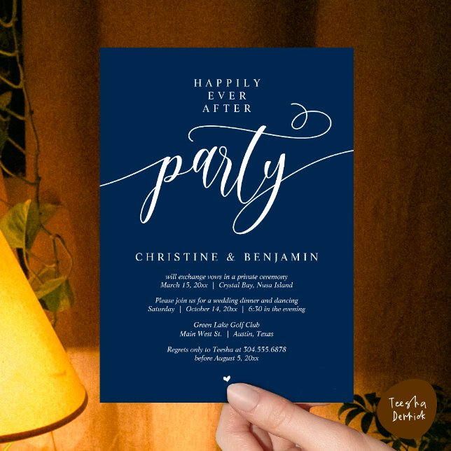 Livet Efter Bröllopet Fest, Modernt Manus Inbjudningar (Happily Ever After Dinner Party, Modern Script Wedding Reception Invitation Card, PDF, Navy Blue)