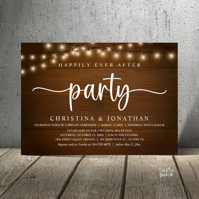 Livet Efter Bröllopet fest, Rustik Bröllop Inbjudningar (Happily Ever After party, Rustic Wedding reception Invitation Card string lights brown wood)