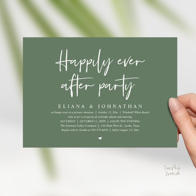 Livet Efter Bröllopet Modern Bröllopsfest Inbjudningar (Happily Ever After Party Modern Wedding Reception Invitation Card in Sage Green)