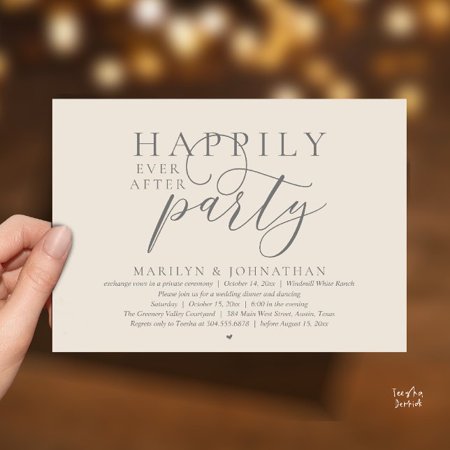 Livet Efter Bröllopet Modern Bröllopsfest Inbjudningar (Happily Ever After Party Modern Classy Wedding Elopement Invitation Card in Cream Grey)