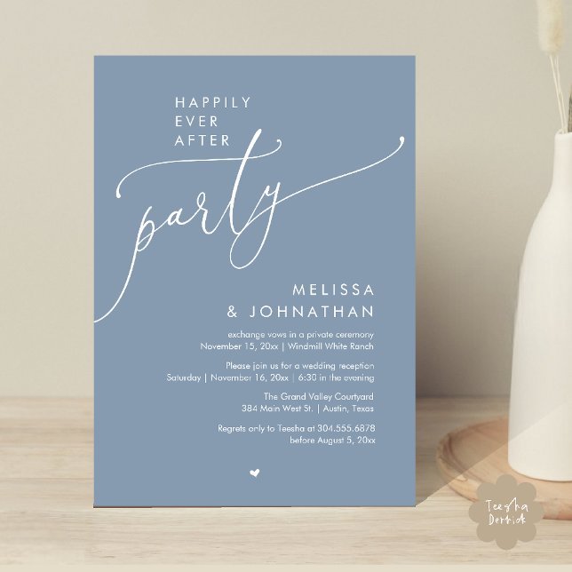 Livet Efter Bröllopet Modern Bröllopsmottagning Inbjudningar (Happily Ever After Party Modern Wedding Reception Invitation Card Dinner Brunch Lunch in Dusty Blue)