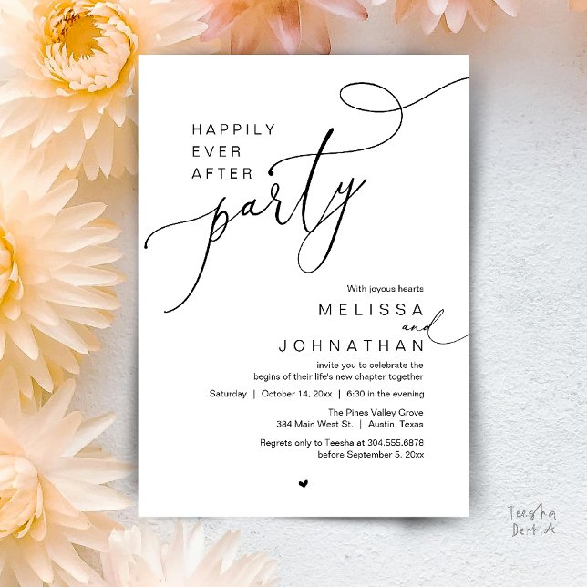Livet Efter Bröllopet Party, Romantisk Bröllopsmid Inbjudningar (Happily Ever After Party, Romantic Wedding Reception Dinner Invitation Card in Black White)
