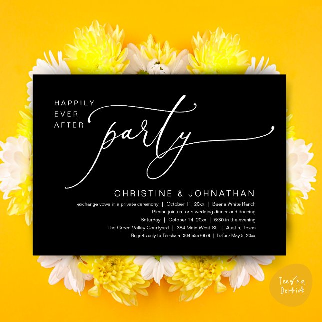 Livet Efter Bröllops Middag Fest Dans Inbjudningar (Happily Ever After Romantic Wedding Dinner Party Dancing Modern Clean Invites Card PDF Classy Black)