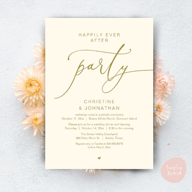 Livet Efter Bröllops Middag Fest Dans Inbjudningar (Happily Ever After Romantic Wedding Dinner Party Dancing Modern Clean Invites Card PDF Yellow Gold)