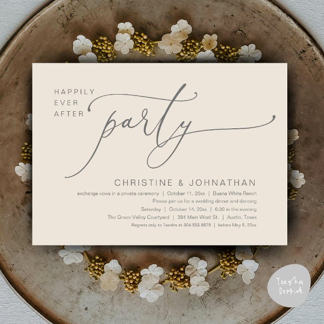 Livet Efter Bröllops Middag Fest Dansande Inbjudningar (Happily Ever After Romantic Wedding Dinner Party Dancing Modern Clean Invites Card PDF Cream Grey)