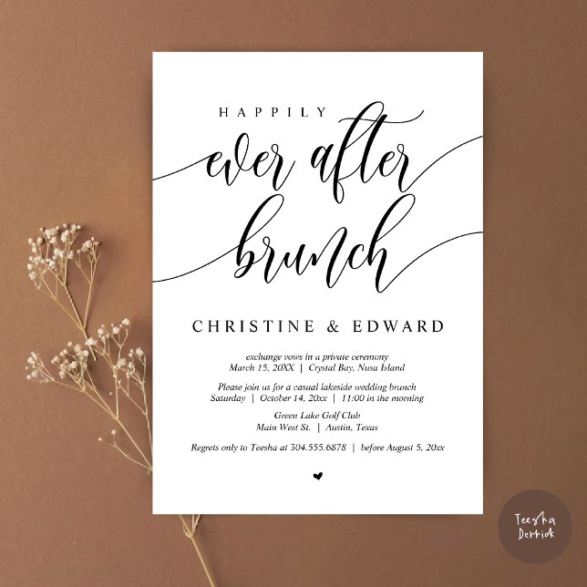 Livet Efter Bröllopsbrunch Inbjudningar (Happily Ever After Elopement Brunch Invitation Card, Post-wedding, PDF, in Black and White)