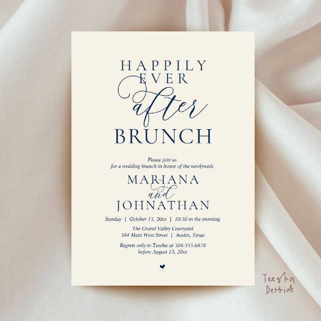 Livet Efter Bröllopsbrunch, Modern Elegant Bröllop Inbjudningar (Happily Ever After Brunch, Modern Elegant Wedding Farewell Invitation card in navy blue and ivory)