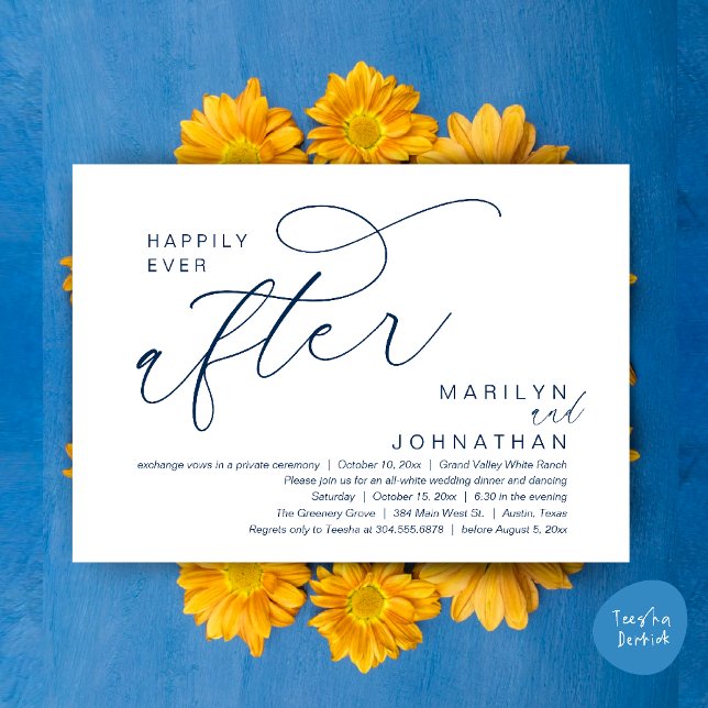 Livet Efter Bröllopsfest Dansar Inbjudningar (Romantic Happily Ever After Wedding Dinner Party Lunch Brunch Invitation PDF Card Navy Blue)