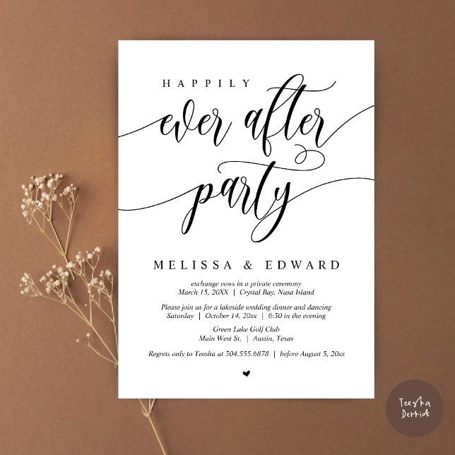 Livet Efter Bröllopsfest Flytten Bröllopsmiddag Inbjudningar (Happily Ever After Elopement Party Invitation Card, PDF, Modern Wedding Dinner, in Black and White)