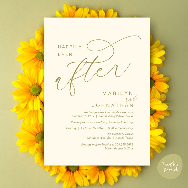 Livet Efter Bröllopsfest Middag Dans Inbjudningar (Romantic Happily Ever After Wedding Dinner Party Lunch Brunch Invitation PDF Card Yellow Gold)