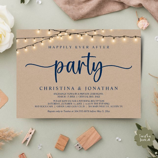Livet Efter Bröllopsfest, Strängljus Inbjudningar (Happily Ever After Wedding Party, String Lights, Brown Kraft Invitation card, PDF, Navy Blue)