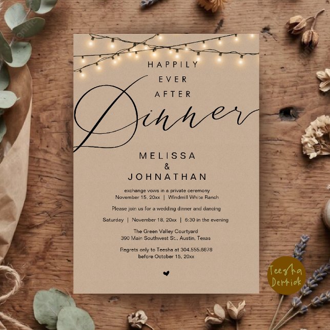 Livet Efter Bröllopsfesten Inbjudningar (Happily Ever After Dinner Wedding Elopement Party Invitation Card in String lights Brown Kraft)