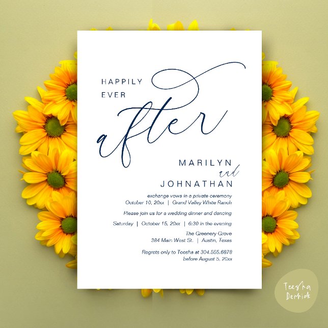 Livet Efter Bröllopsfesten Middag Dans Inbjudningar (Romantic Happily Ever After Wedding Dinner Party Lunch Brunch Invitation PDF Card Navy Blue)