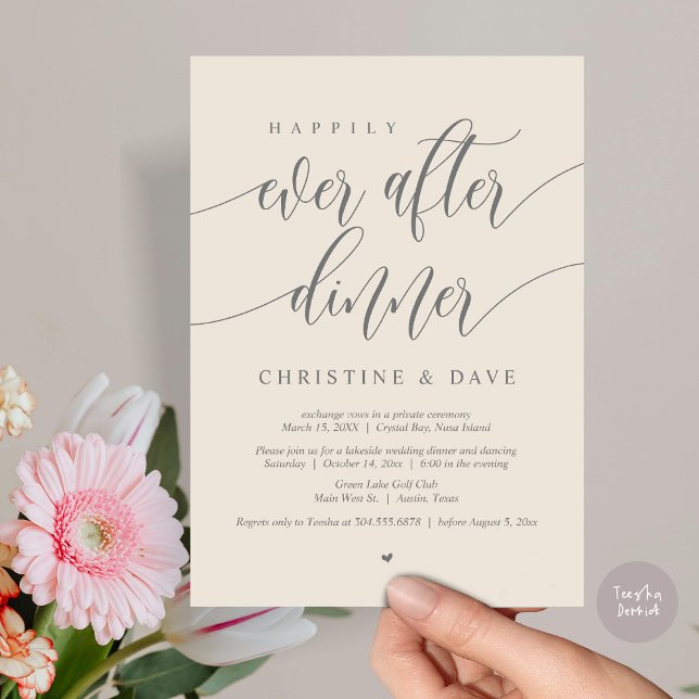 Livet Efter Bröllopsflykt Middag, Grå Krämfärg Inbjudningar (Happily Ever After Dinner Invitation Card, PDF, Modern Calligraphy Script, in Cream Dark Grey)
