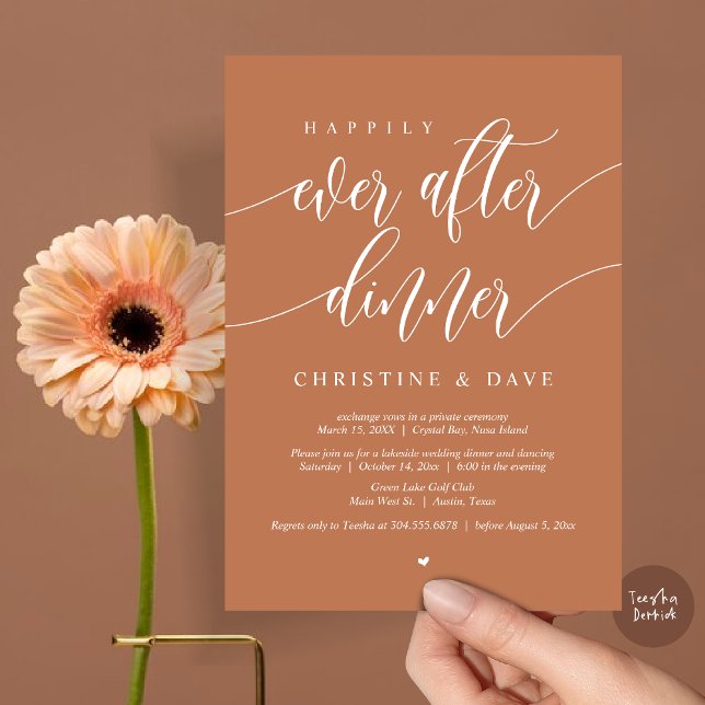 Livet Efter Bröllopsflykten Middag, Kopparröd Inbjudningar (Happily Ever After Dinner Invitation Card, PDF, Modern Calligraphy Script, in Copper Rust)