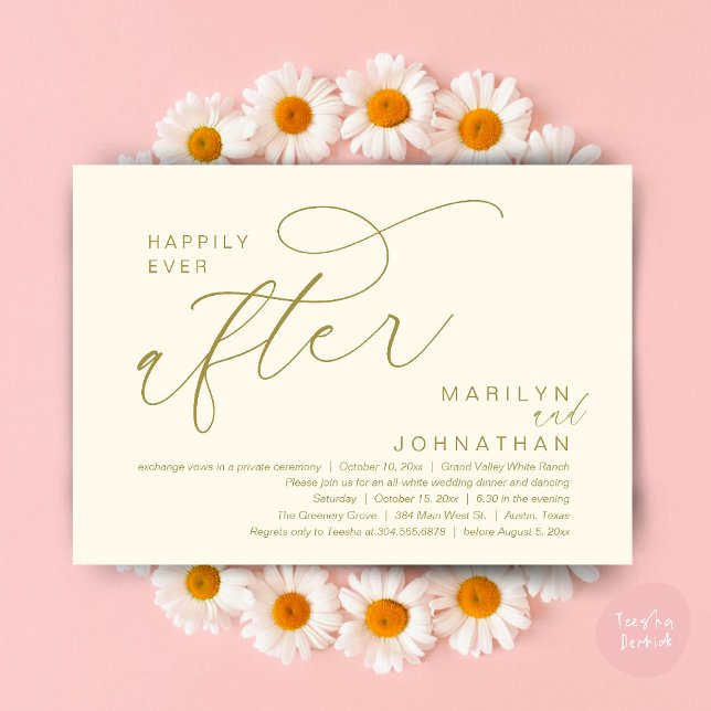 Livet Efter Bröllopsmiddag Dans Inbjudningar (Romantic Happily Ever After Wedding Dinner Party Lunch Brunch Invitation PDF Card Yellow Gold)