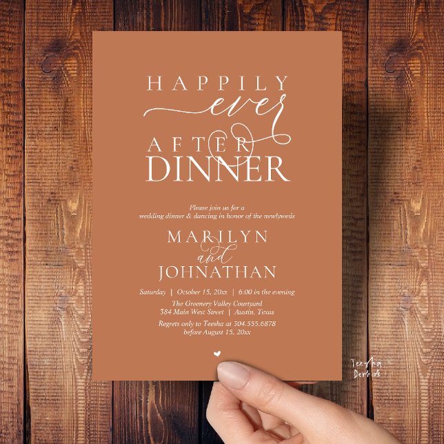 Livet Efter Bröllopsmiddagen Modern Bröllopsfest Inbjudningar (Happily Ever After Dinner Modern Wedding Reception Invitation card in Copper Terracotta Brown)
