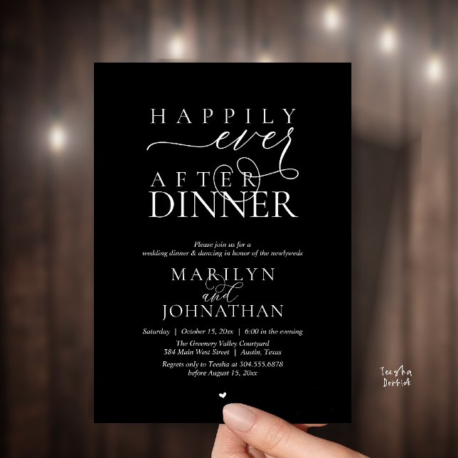 Livet Efter Bröllopsmiddagen Modern Bröllopsmottag Inbjudningar (Happily Ever After Dinner Modern Wedding Reception Invitation card in Classy Black)