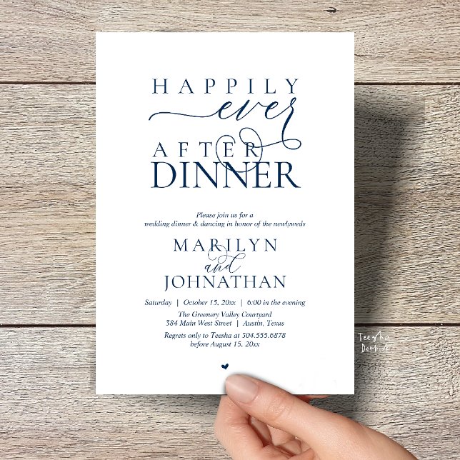 Livet Efter Bröllopsmiddagen Modern Bröllopsmottag Inbjudningar (Happily Ever After Dinner Modern Wedding Reception Invitation card in Navy Blue)
