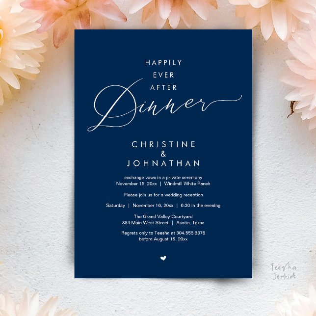 Livet Efter Bröllopsmiddagen Modern Bröllopsmottag Inbjudningar (Happily Ever After Dinner Modern Wedding Reception Invitation Card Elopement PDF Navy Blue)