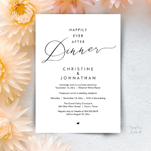 Livet Efter Bröllopsmiddagen Modern Bröllopsmottag Inbjudningar (Happily Ever After Dinner Modern Wedding Reception Invitation Card Elopement PDF Black and White)