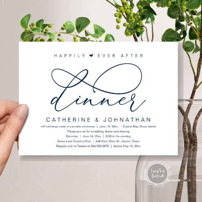 Livet Efter Bröllopsmiddagen, Modern Romantisk Fes Inbjudningar (Happily Ever After Dinner Party, Modern Romantic Wedding  Invitation Card, PDF, Classy Navy Blue)
