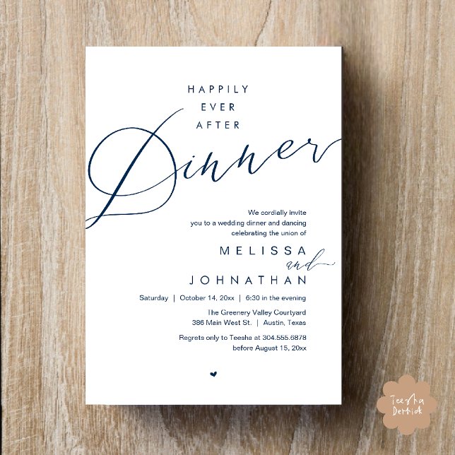 Livet Efter Bröllopsmiddagen Romantisk Bröllopsfes Inbjudningar (Happily Ever After Dinner Romantic Wedding Reception Party Invitation card in navy blue)