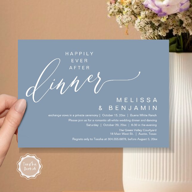 Livet Efter Bröllopsmiddagen Romantisk Fest Inbjudningar (Happily Ever After Dinner Modern Romantic Wedding Romantic Party Invitation Card Dusty Blue)