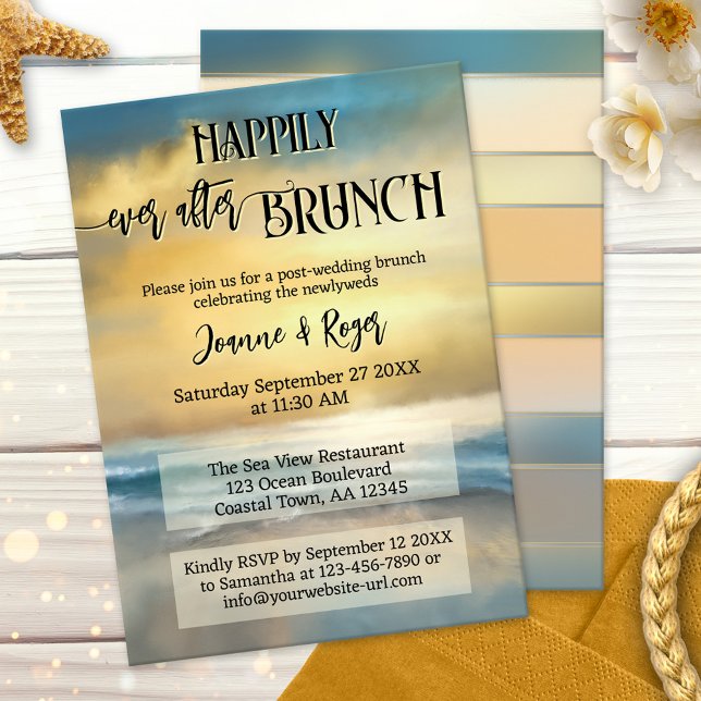 Livet Efter Bröllopsstrandbrunch Inbjudningar (After wedding brunch invitation showing an original fine art painting of a sunset at a stormy beach)