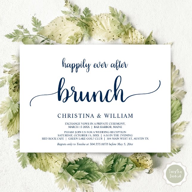 Livet Efter Brunch, Hemligt Bröllop, Marinblå Inbjudningar (Happily ever after brunch, Modern wedding, invitation card, PDF, in Navy blue)