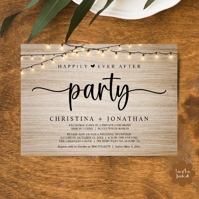 Livet efter detta-fest,  Strängljus Bröllop Inbjudningar (Happily Ever After party, String Lights Wedding Invitation Card PDF Cottage Wood)