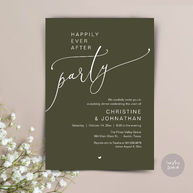 "Livet Efter Festen" Modern Bröllopsmiddag Inbjudningar ("Happily Ever After Party" Modern Wedding Dinner reception Invitation card in olive green)