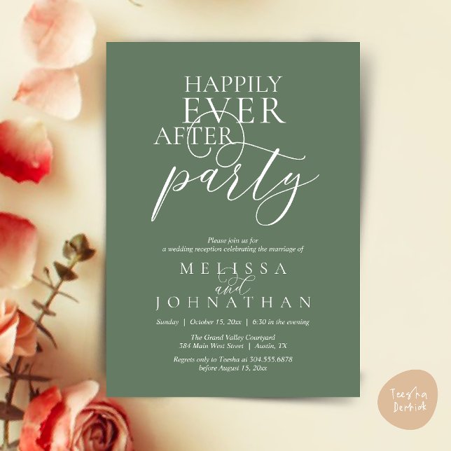 Livet Efter Festen, Modern Klassisk Bröllop Inbjudningar (Happily Ever After Party, Modern Classy Wedding Invitation Card PDF Sage Green)