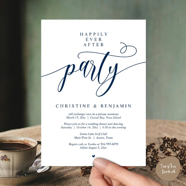 Livet Efter Festen, Modernt Manus Inbjudningar (Happily Ever After Dinner Party, Modern Script Wedding Reception Invitation Card, PDF, Navy Blue)