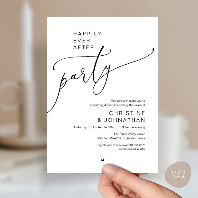 "Livet Efter Glädje-fest" Modern Bröllopsmiddag Inbjudningar ("Happily Ever After Party" Modern Wedding Dinner reception Invitation card in black white)