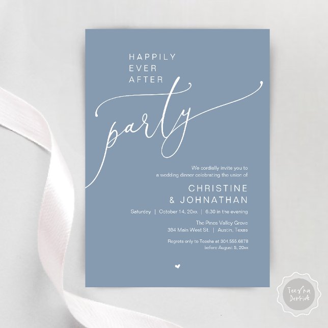 "Livet Efter Glädje-fest" Modern Bröllopsmiddag Inbjudningar ("Happily Ever After Party" Modern Wedding Dinner reception Invitation card in dusty blue)